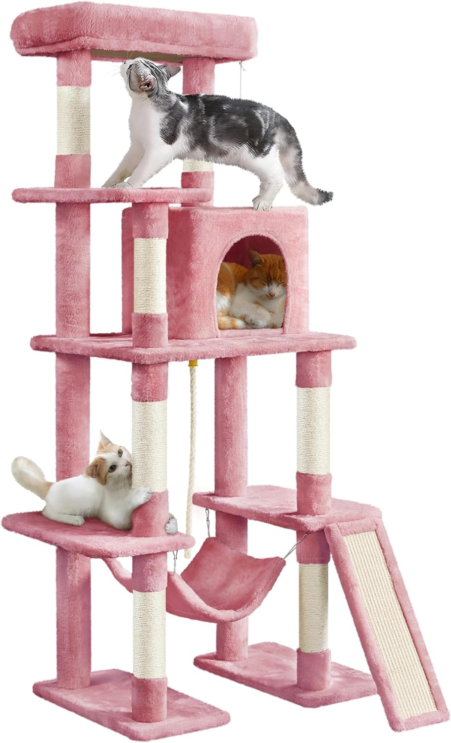 Large Multi-Level Cat Tree, 63 Inches Tall with Sisal-Covered Scratching Posts, Condo, Hammock, Dangling Ball, and Extended Platform for Cats to Play and Sleep