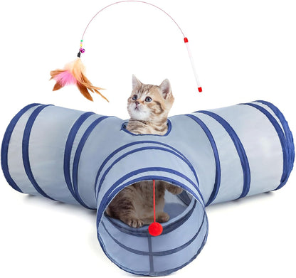 Pet Cat Tunnel Tube Toys 3 Way Collapsible, Tunnels for Indoor Cats, Kitty Bored Peek Hole Toy Ball