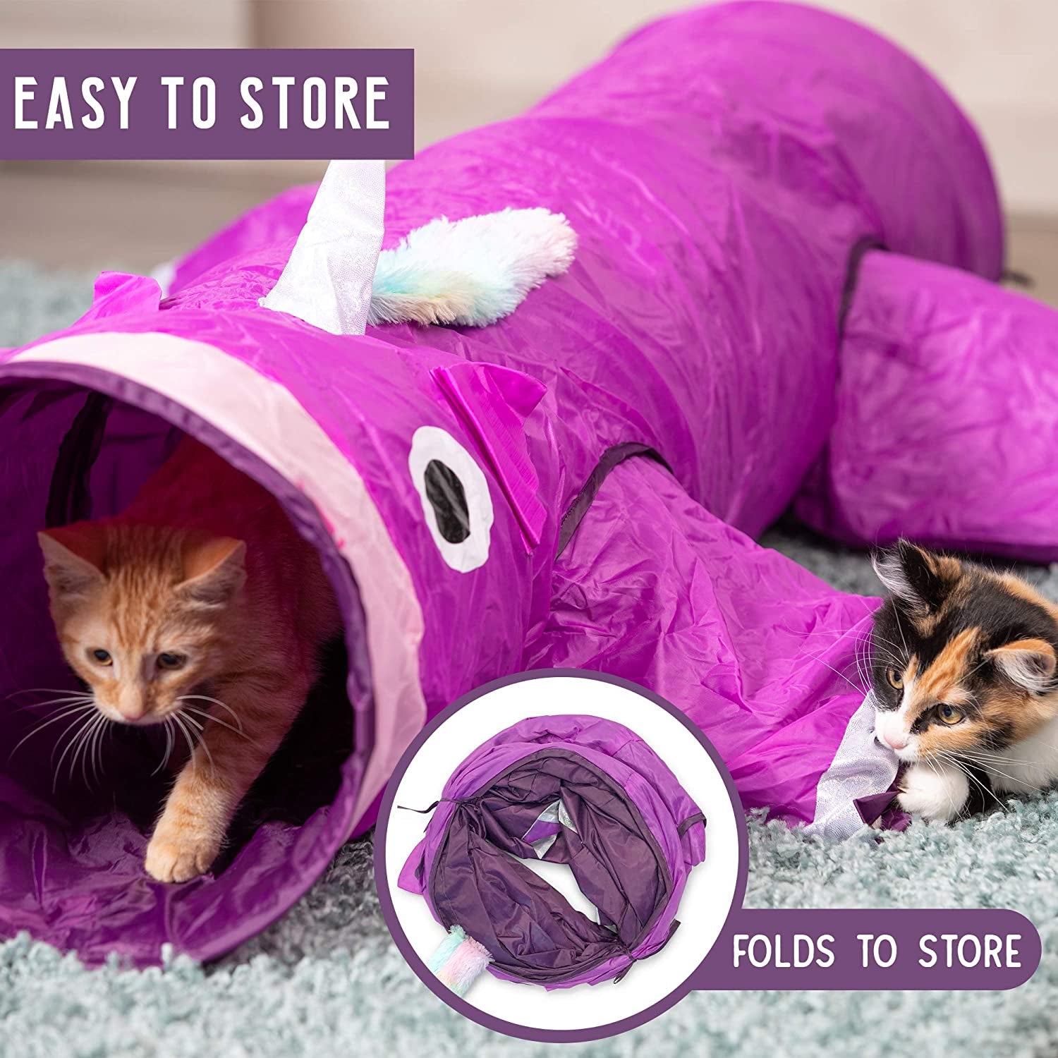 Magic Mewnicorn Multi Cat Tunnel Boredom Relief Toys with Crinkle Feather String Cats for Hiding Hunting and Resting