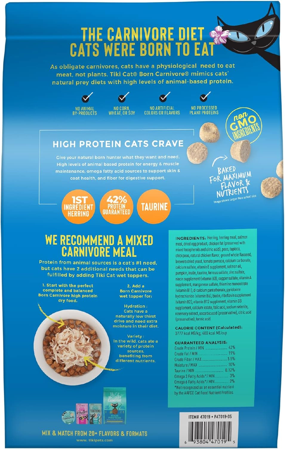 Tiki Cat Born Carnivore High Protein, Herring & Salmon Meal, Grain-Free Baked Kibble to Maximize Nutrients, Dry Cat Food