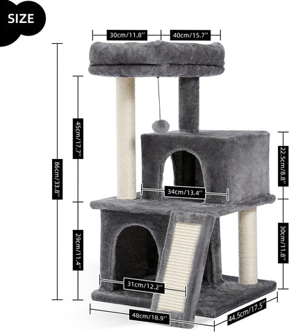 Cat Tree Multilevel Cat Tower with Double Condos, Spacious Perch, Fully Wrapped Scratching Sisal Post and Replaceable Dangling Balls