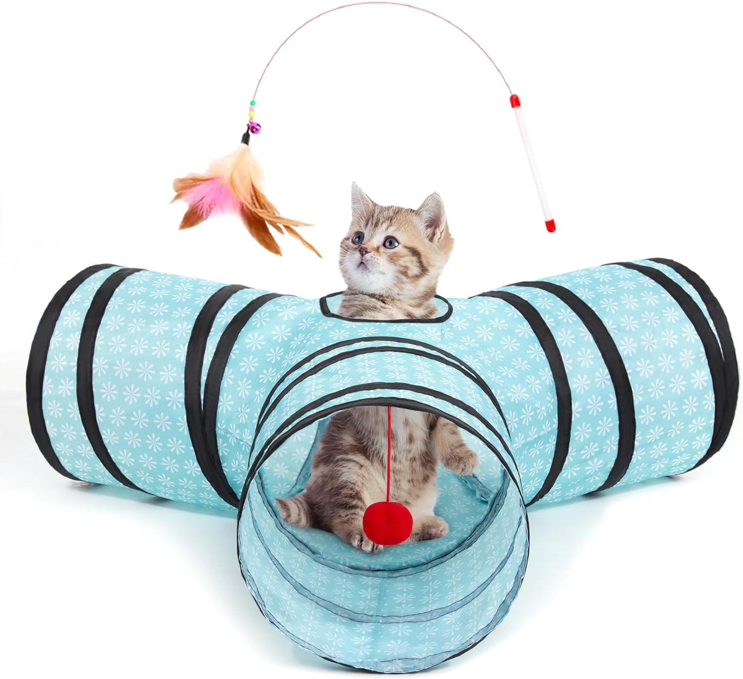 Pet Cat Tunnel Tube Toys 3 Way Collapsible, Tunnels for Indoor Cats, Kitty Bored Peek Hole Toy Ball