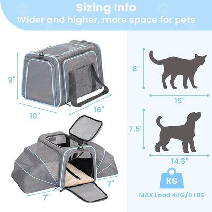 Expandable Cat Carriers Airline Approved, Cat Carrier Soft-Sided Portable Washable Pet Travel Carrier with Two Extension 