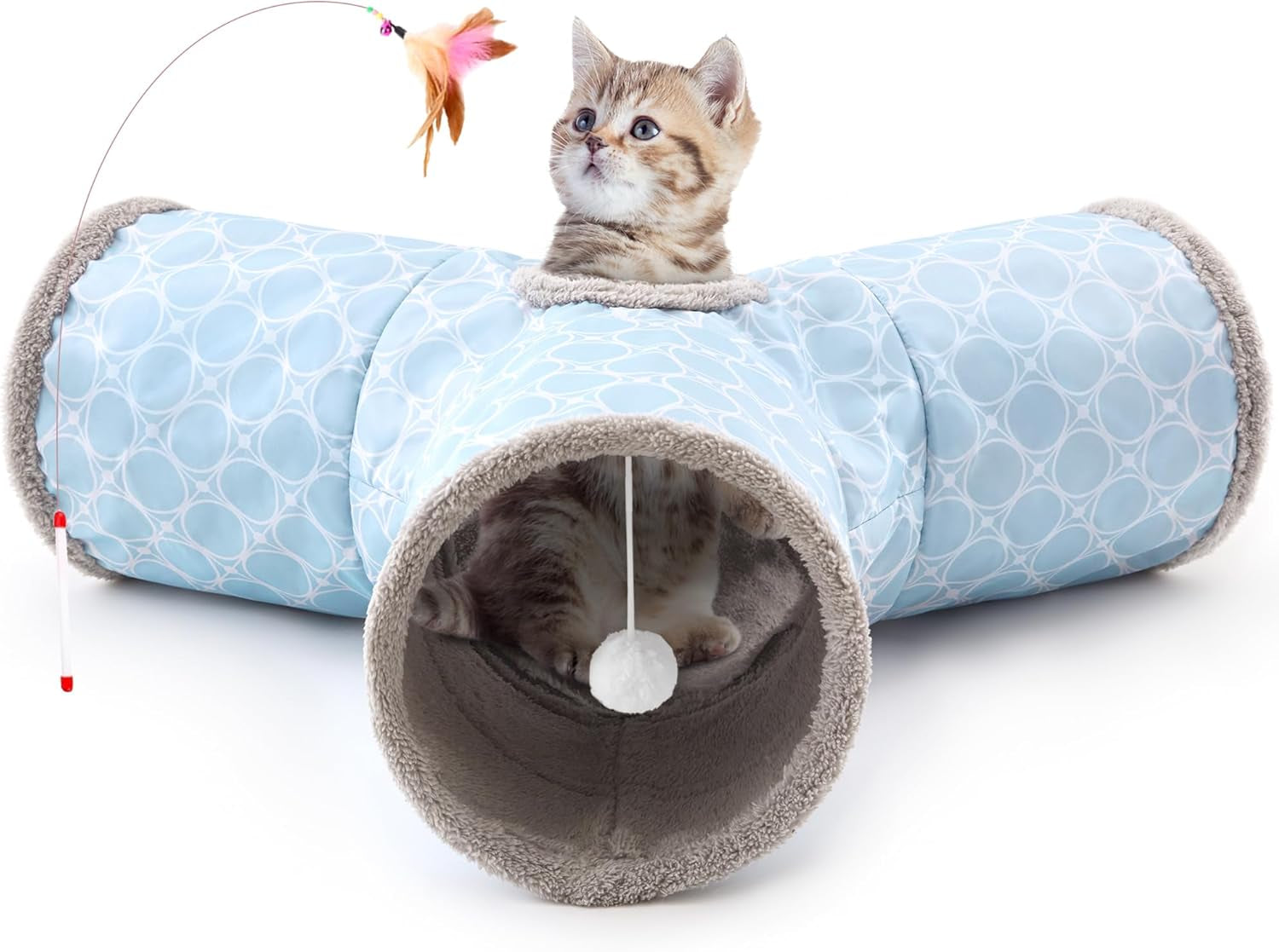 Pet Cat Tunnel Tube Toys 3 Way Collapsible, Tunnels for Indoor Cats, Kitty Bored Peek Hole Toy Ball