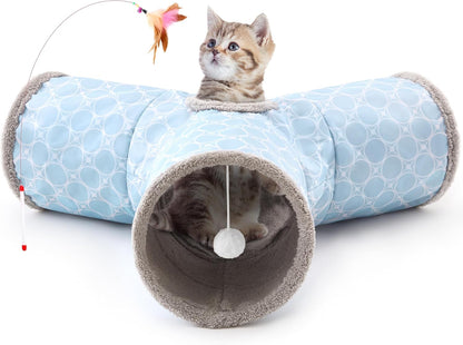 Pet Cat Tunnel Tube Toys 3 Way Collapsible, Tunnels for Indoor Cats, Kitty Bored Peek Hole Toy Ball