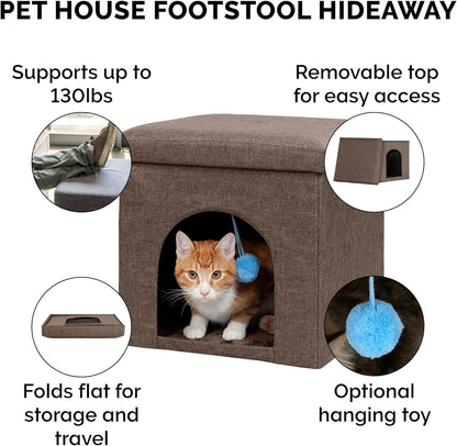 Pet House for Indoor Cats, Collapsible & Foldable W/ Plush Ball Toy - Living Room Footstool Cat Condo - Coconut Brown, Small