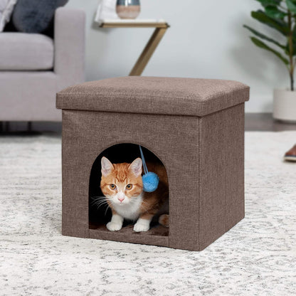 Pet House for Indoor Cats, Collapsible & Foldable W/ Plush Ball Toy - Living Room Footstool Cat Condo - Coconut Brown, Small