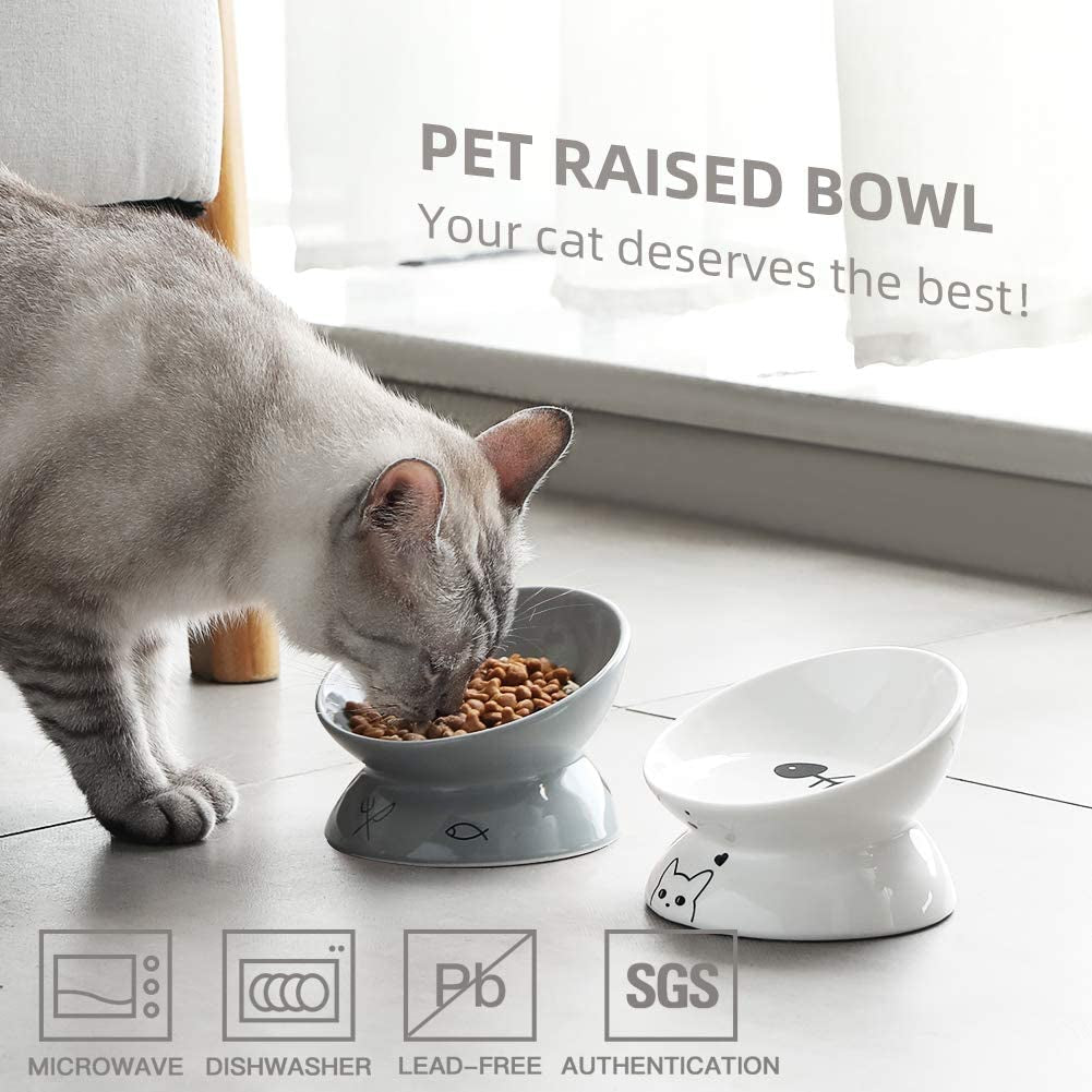 Ceramic Raised Cat Bowls, Slanted Cat Dish Food or Water Bowls, Elevated Porcelain Pet Feeder Bowl Protect Cat'S Spine, Stress Free, Backflow Prevention (White)