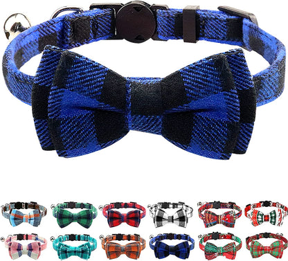 Upgraded Cat Collar with Bells, Breakaway Cat Collars with Bow Tie, 1 Pack Safety Plaid Kitten Collars