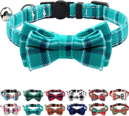 Upgraded Cat Collar with Bells, Breakaway Cat Collars with Bow Tie, 1 Pack Safety Plaid Kitten Collars