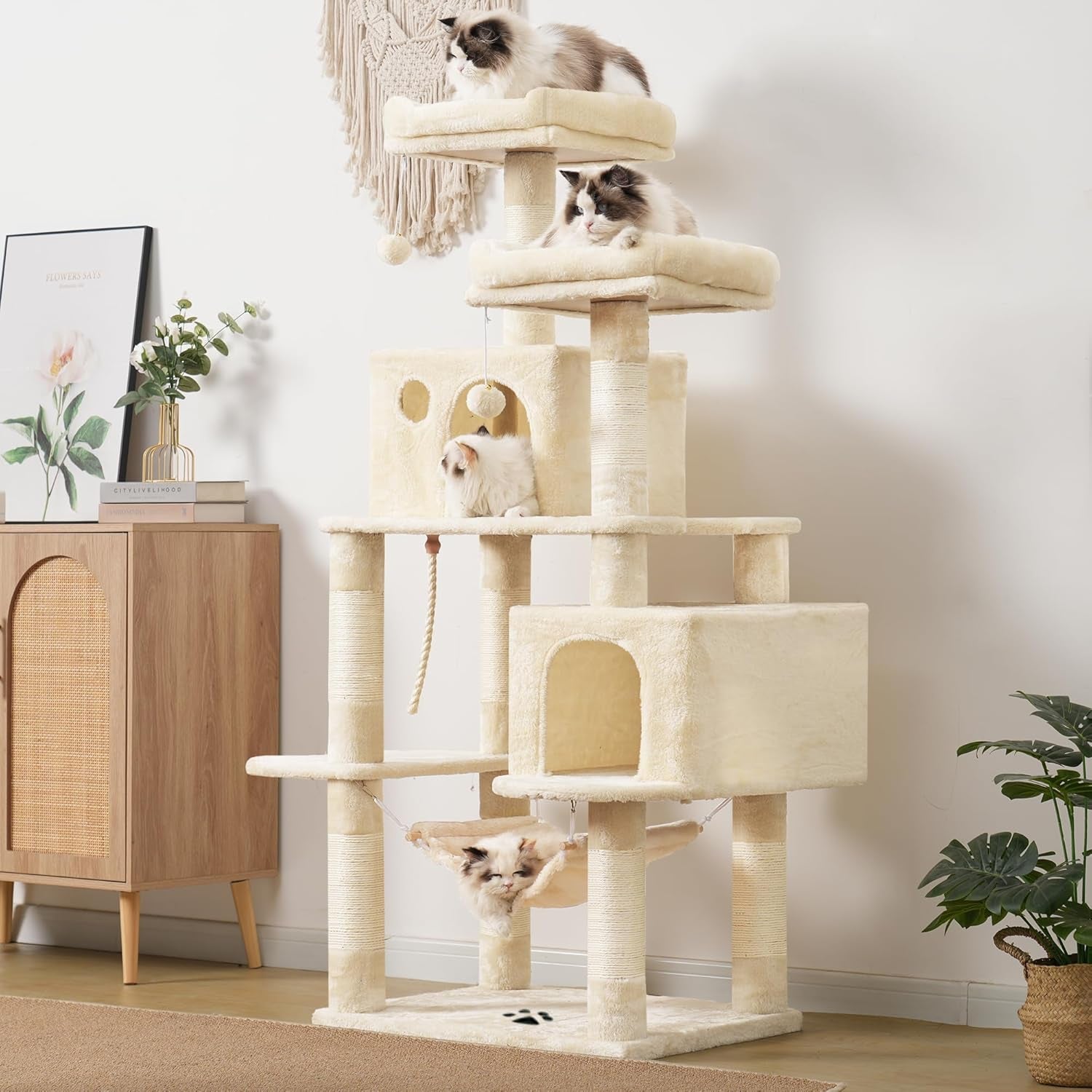 Large Multi-Level Cat Tree Condo Furniture with Sisal-Covered Scratching Posts, 2 Bigger Plush Condos, Perch Hammock for Kittens, Cats