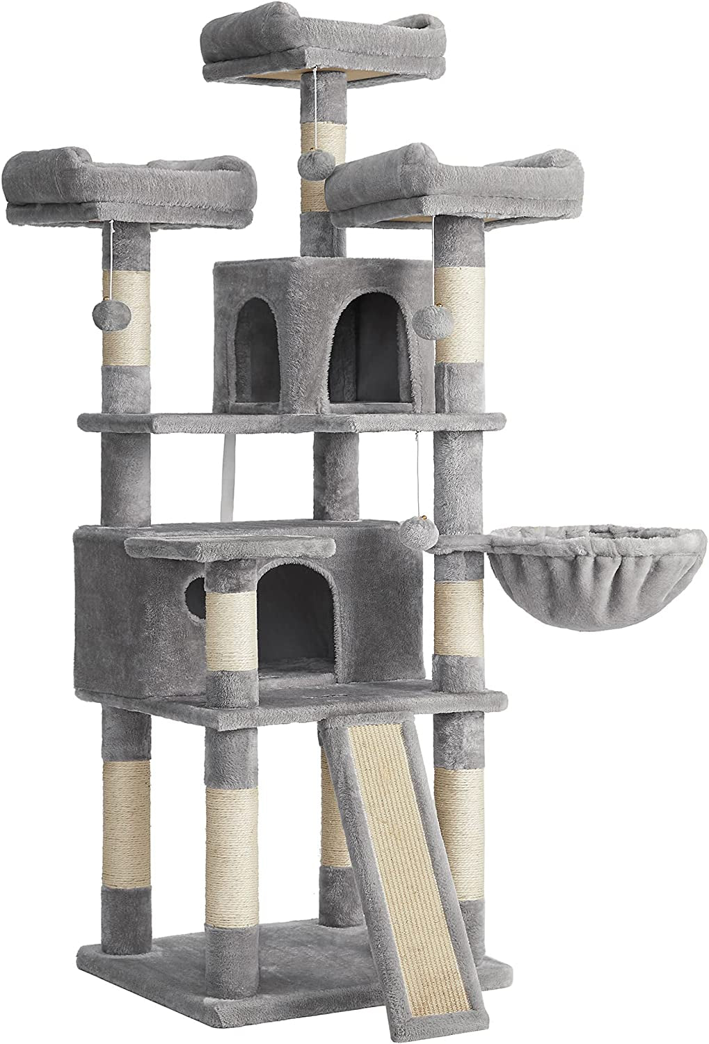 Cat Tree, Large Cat Tower, Cat Condo with Scratching Posts, Board, 2 Caves, 3 Plush Perches, Activity Center, 66.5 Inches