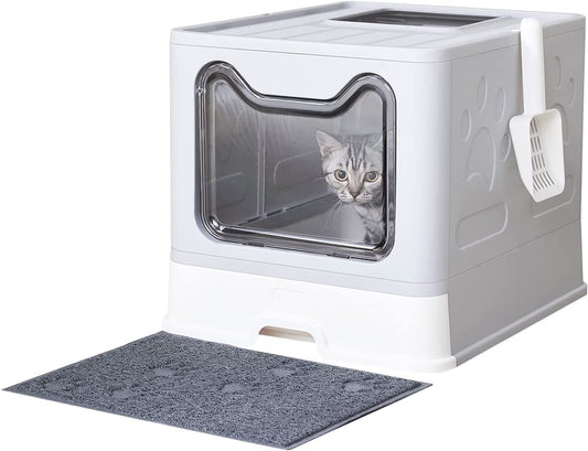 Cat Litter Box with Litter Mat and Scoop, Large Foldable Litter Box with Lid, Front Entry Top Exit Kitty Litter Box, Odor Control Easy Clean 