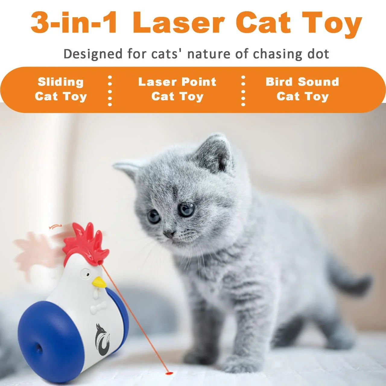 Cat Laser Toys - 3-In-1 Interactive Cat Toys for Indoor Cats, Cat Laser Toy, Sliding & Bird Song Toy. Rechargeable, Cat Chase Toy, Auto Shutoff & Laser Safe 