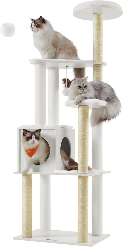 Woodywonders Cat Tree, 65-Inch Modern Cat Tower for Indoor Cats, Multi-Level Cat Condo with 5 Scratching Posts, Perch, Washable Removable Cushions, Cat Furniture