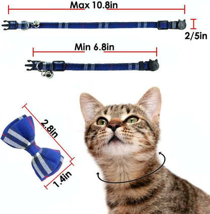 Cat Collar Breakaway with Bell and Bow Tie, Plaid Design Adjustable Safety Kitty Collars Set of 2 Pcs(6.8-10.8In) (Red&Blue Plaid)