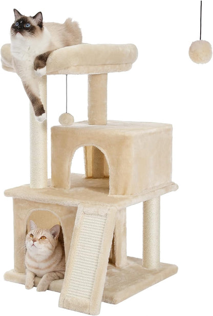 Cat Tree Multilevel Cat Tower with Double Condos, Spacious Perch, Fully Wrapped Scratching Sisal Post and Replaceable Dangling Balls