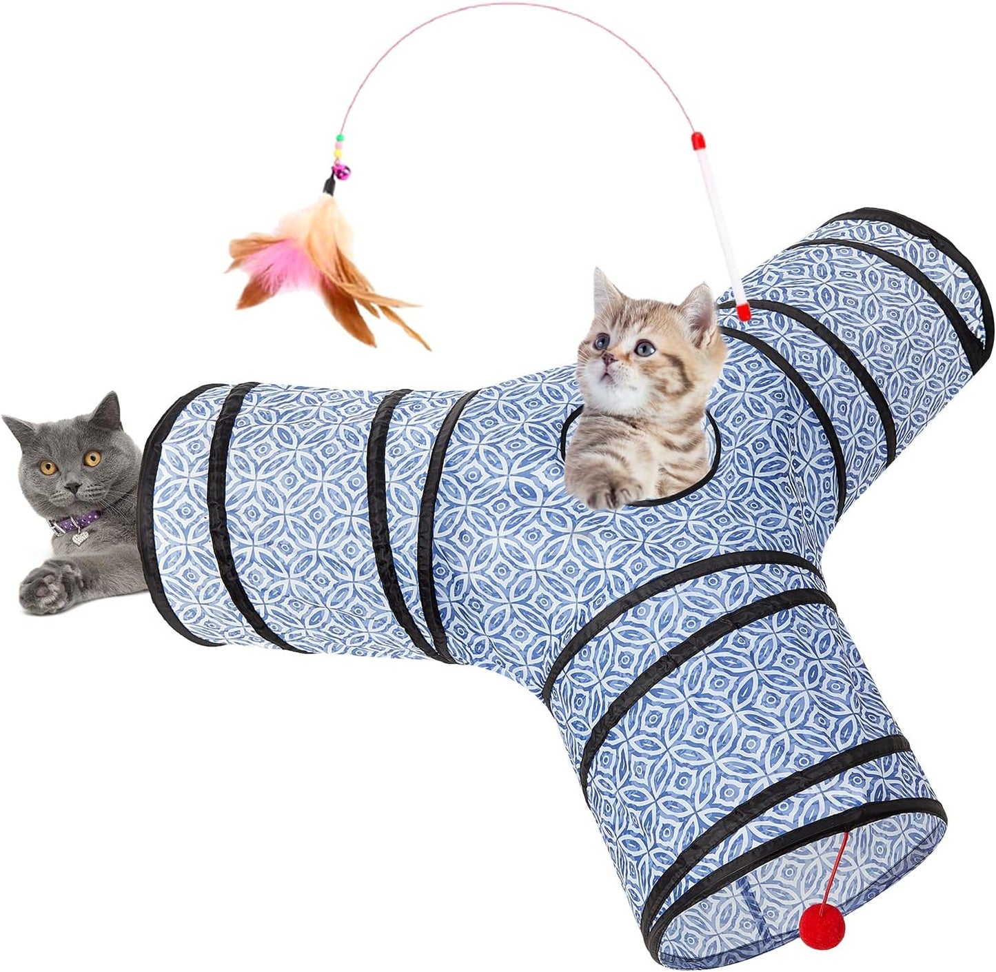 Pet Cat Tunnel Tube Toys 3 Way Collapsible, Tunnels for Indoor Cats, Kitty Bored Peek Hole Toy Ball