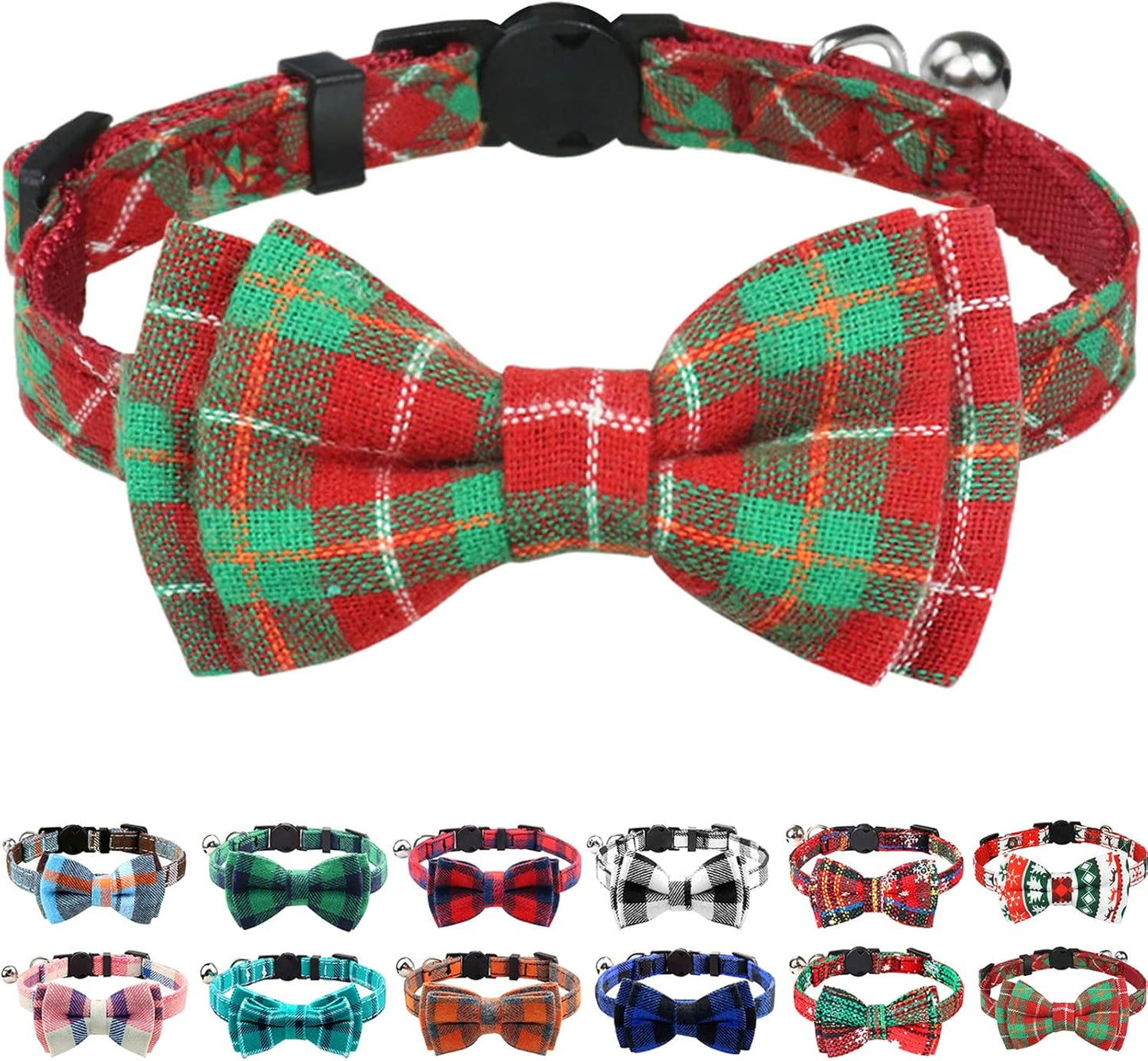 Upgraded Cat Collar with Bells, Breakaway Cat Collars with Bow Tie, 1 Pack Safety Plaid Kitten Collars