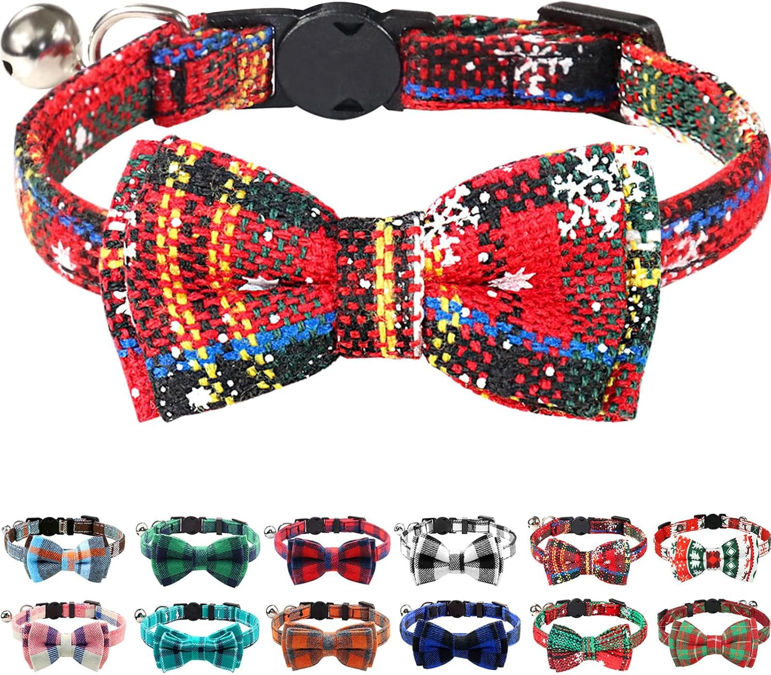 Upgraded Cat Collar with Bells, Breakaway Cat Collars with Bow Tie, 1 Pack Safety Plaid Kitten Collars