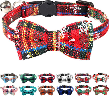 Upgraded Cat Collar with Bells, Breakaway Cat Collars with Bow Tie, 1 Pack Safety Plaid Kitten Collars